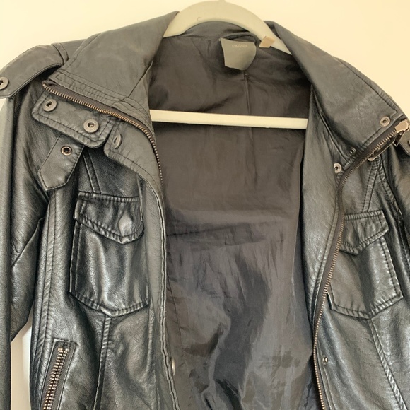 Black Leather Jacket with Ribbed Sleeves - Picture 2 of 5